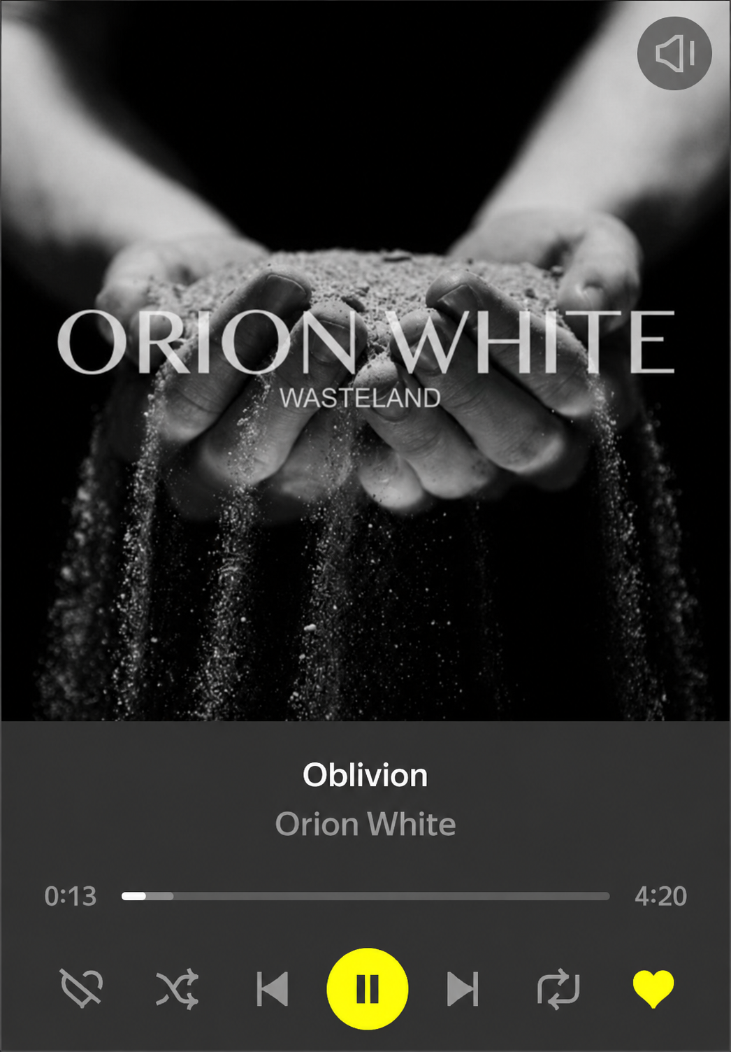 Плеер Яндекс Музыки: Oblivion — Orion White, обложка, перемотка, лайк и громкость
